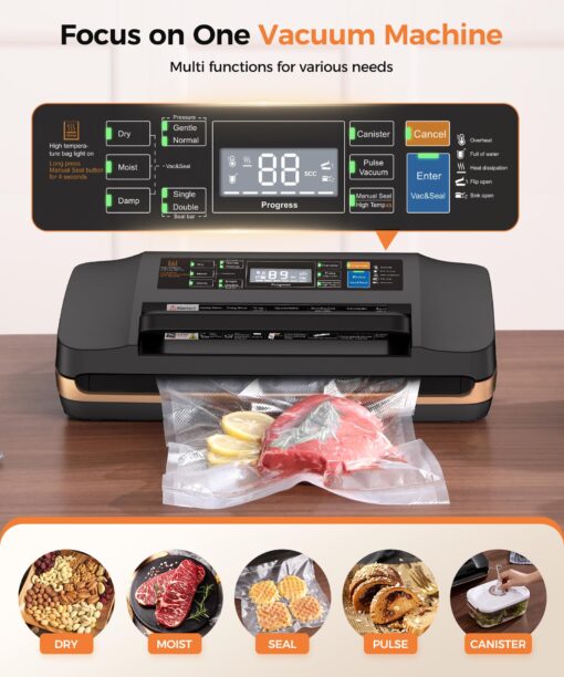 95kpa Vacuum Sealer Machine,Commercial Full Automatic Food Sealer,Powerful Sealing System with Double Heat Seal,Bags Storage, Easy-Lock Handle,Build-in Cutter,1 Bag Rolls and 10 pcs Pre-cut Bags - Image 8