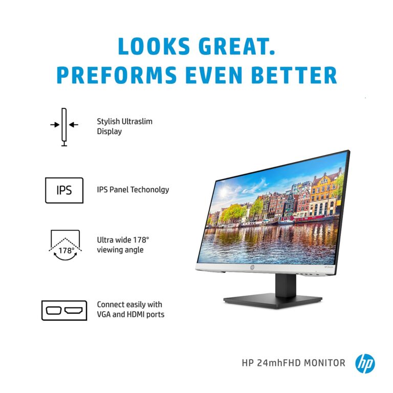 HP 24mh FHD Computer Monitor with 23.8-Inch IPS Display (1080p) - Built-In Speakers and VESA Mounting - Height/Tilt Adjustment for Ergonomic Viewing - HDMI and DisplayPort - (1D0J9AA#ABA) - Image 5