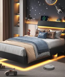 Feonase Twin Floating Bed Frame with Led Lights and Charging Station, Wood Twin Size Bed Frame with Storage Headboard, Heavy Duty Metal Slats, No Box Spring Needed, Easy Assembly, Black
