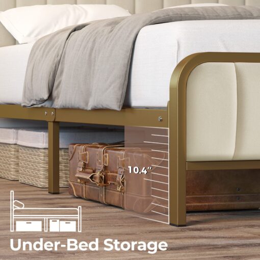 Rolanstar Full Size Bed Frame with LED Light and Charging Station, Upholstered Headboard and Footboard, Metal Slat, Noise Free, Easy Assembly, Golden - Image 3