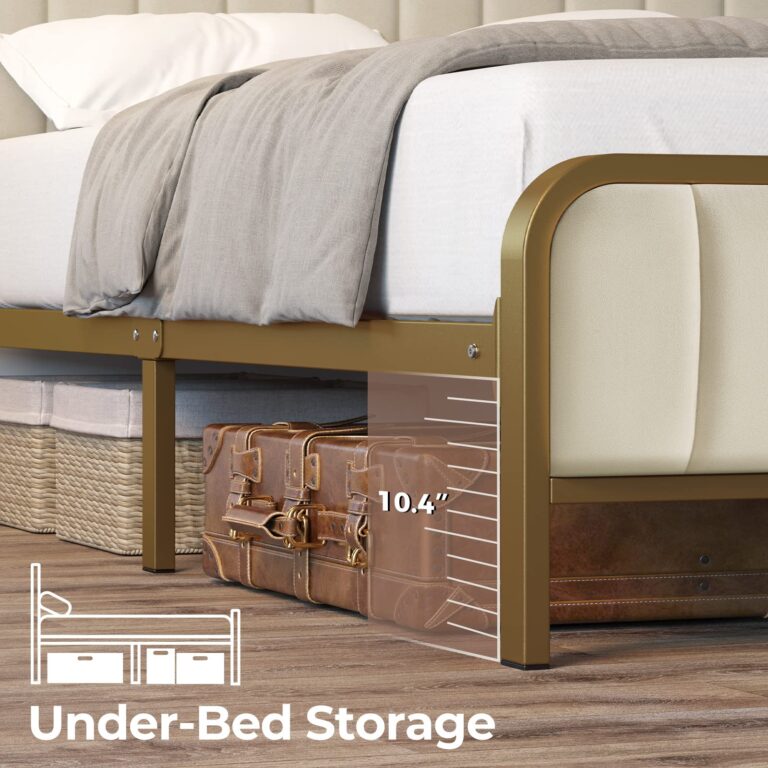 Rolanstar Full Size Bed Frame with LED Light and Charging Station, Upholstered Headboard and Footboard, Metal Slat, Noise Free, Easy Assembly, Golden - Image 3