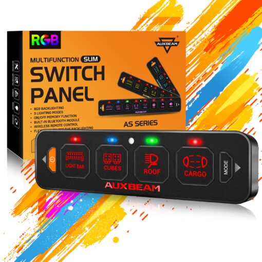 Auxbeam 4 Gang Slim Switch Panel RGB AS-R40 Automatic Dimmable Switch Panel with Toggle Momentary Pulsed LED Control Panel Off Backlight 12-24V for Truck Offroad Car Boat Waterproof, 2-Year Warranty