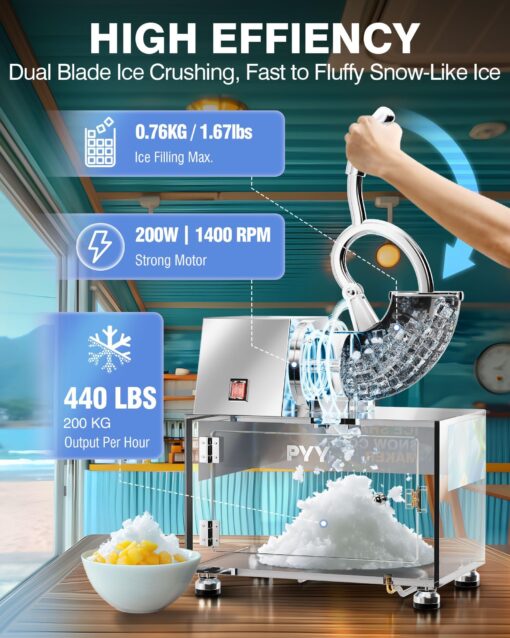 PYY Snow Cone Machine - Commercial Ice Crusher Shaver, Electric Crushed Shaved Snowcone Maker, 440LBS/H 1400RPM All-Copper Motor, Stainless Steel Full Body, Dual Blades, Acrylic Box and Drain Pipe - Image 6