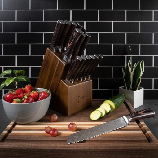 SENKEN 16-Piece Acacia Wood Knife Block Set with Laser Damascus Pattern - Includes Steak Knives, Kitchen Shears, Chef's Knife, Santoku, Cleaver & More - Image 9