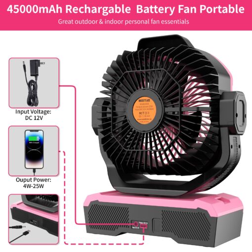 WESTTREE Battery Operated Large Airflow Fan,45000mAh Rechargeable Camping Cordless Fan with 360°Auto Oscillation & Timer, Queit Battery Powered Tent Fans Portable with RGBW Lights for Home X66 Pink - Image 3