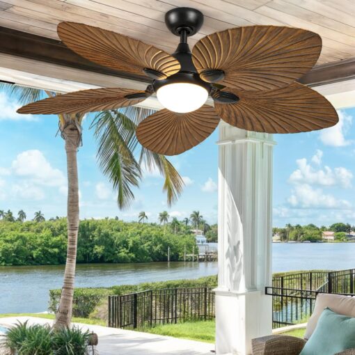DWVO 52" Tropical Ceiling Fan with Light & Remote, LED Tri-Color Temperature, 5 Blade Ceiling Fans Reversible 6 Speeds w/Quiet DC Motor for Bedroom, Living Room, Dining Room, Patio
