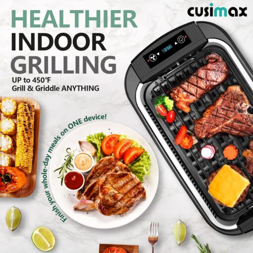 CUSIMAX Indoor Grill, Electric Smokeless Grill, 1500W Korean BBQ Grill, Electric Grill Griddle with LED Smart Display & Tempered Glass Lid, Non-stick Removable Grill Plate & Griddle Plate, Black - Image 3