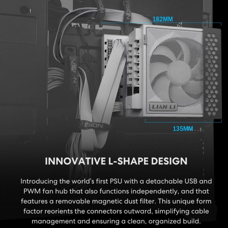 Lian Li Edge Serie - 1200W Full Modular Power Supply (Fan USB Hub Included) - Gold - ATX 3.1 - PCIE 5.1 Support - 12V-2x6 Connector - L-Shape Design for Dual Chamber Case - Black (EG1200G.BH) - Image 6
