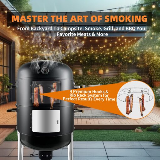 Realcook Vertical Charcoal Smoker Grills: Premium 20.5 Inch BBQ Meat Smokers - Barbecue Charcoal Grill Smoker Combo for Outdoor Cooking Patio Backyard Picnic Party Grilling - Image 5