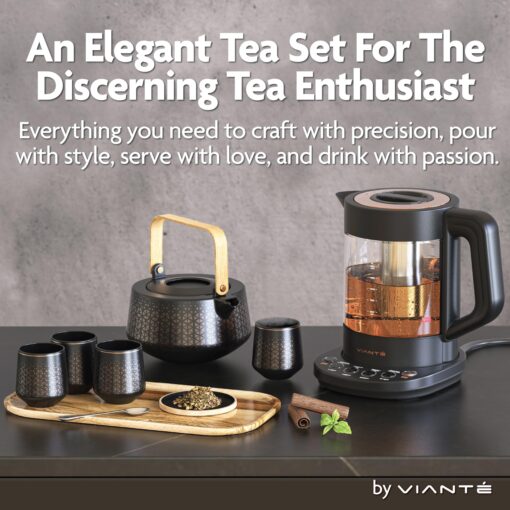Vianté Luxury Tea Set. Electric Kettle with Tea Infuser for Loose Leaf Tea And Ceramic Serving Set. Tea Pot And Cups Set With Wooden Tray. Excellent Gift Idea For Tea Lovers. - Image 9