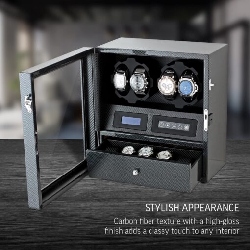 4 Watch Winder with 5 Watch Storage Space, LCD Display, Touch Control and Interior Light (Carbon + Black) - Image 7