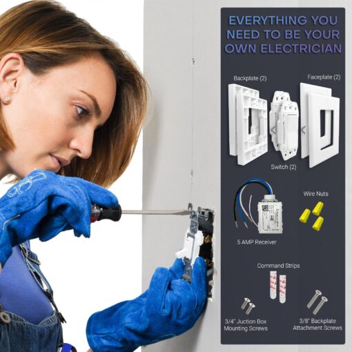 RunLessWire 3-Way Remote Light Switch Kit Wireless Battery-Free Self-Powered Kinetic DIY Wall Switch 150ft RF Range - 3 Way: 1 On/Off Receiver, 2 Switches - White - Image 4