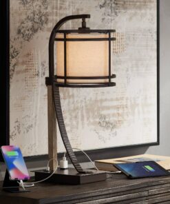 Franklin Iron Works Gentry Industrial Desk Table Lamp 22" High with USB and AC Power Outlet in Base Oil Rubbed Bronze Faux Wood Metal Cage Oatmeal Drum Shade for Bedroom Living Room House Desk