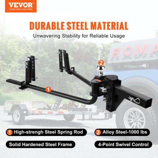 VEOVR Weight Distribution Hitch, 1,000 lbs Weight Distributing Hitches Kit with Sway Control for Trailer, 2-in Solid Steel Shank, 2-5/16 in Alloy Steel Ball, Powder Coated Load Leveling Hitch, Black - Image 7