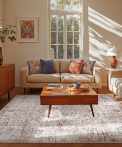 jinchan Area Rug 6x9 Washable Living Room Rug Vintage Indoor Large Floor Cover Retro Accent Mat Distressed Floral Country Boho Non Slip Thin Carpet for Bedroom Kitchen Dining Room Office Red Multi