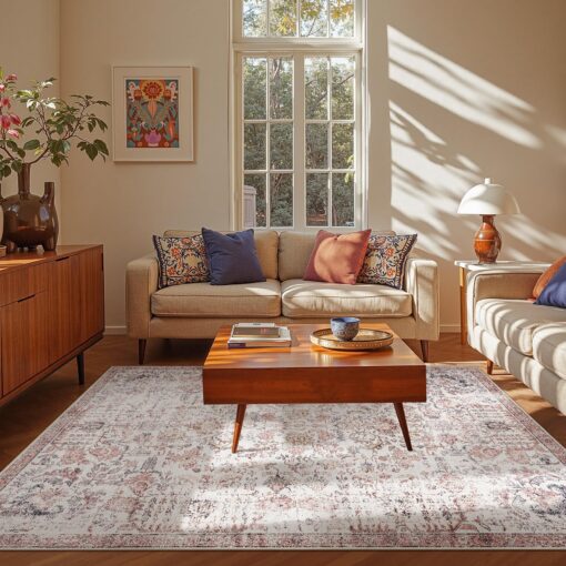 jinchan Area Rug 6x9 Washable Living Room Rug Vintage Indoor Large Floor Cover Retro Accent Mat Distressed Floral Country Boho Non Slip Thin Carpet for Bedroom Kitchen Dining Room Office Red Multi