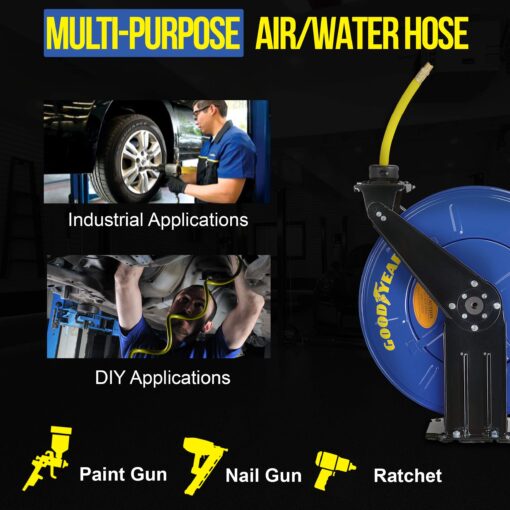 GOODYEAR Air Hose Reel Retractable 3/8" Inch x 50' Feet Long Premium Commercial SBR Hose Max 300 Psi Reinforced Steel Construction Heavy Duty Spring Driven Industrial Dual Arm & Pedestal - Image 3