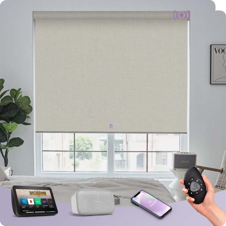 Graywind Smart Blackout Roller Shades Compatible with Alexa Google Triple Weaved Fabric Rechargeable Motorized Blinds Cordless Remote Control Window Shades, Custom Size (Beige White)