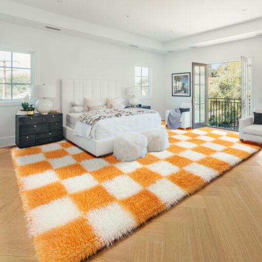 KICMOR 8x10 Area Rugs for Living Room, Large Fluffy Fuzzy Orange and Cream White Checkered Shag Rug Soft Plush Big Bedroom Carpet, Shaggy Floor Rugs for Kids Boys Girls Dorm Nursery Home Room Decor - Image 7