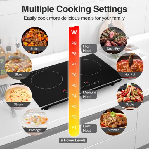 VBGK Double Induction Cooktop,4000W Induction Stove Top 110V Induction Hot Plate Electric Burner Portable Induction cooktop 2 burner with LCD Touch Screen 9 Levels Settings Child Safety Lock & Timer - Image 5