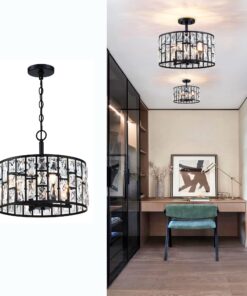 Farmhouse Crystal Convertible Chandelier and Semi Flush Mount Lighting Black Cylinder Drum Shade Pendant for Kitchen Island Dining Room Bedroom Hallway