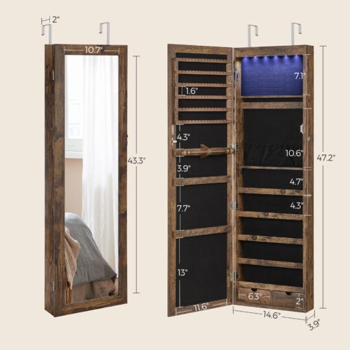 SONGMICS 6 LEDs Mirror Jewelry Cabinet, 47.2-Inch Tall Lockable Wall or Door Mounted Jewelry Armoire Organizer with Mirror, 2 Drawers, 3.9 x 14.6 x 47.2 Inches, Rustic Brown UJJC93CB - Image 5