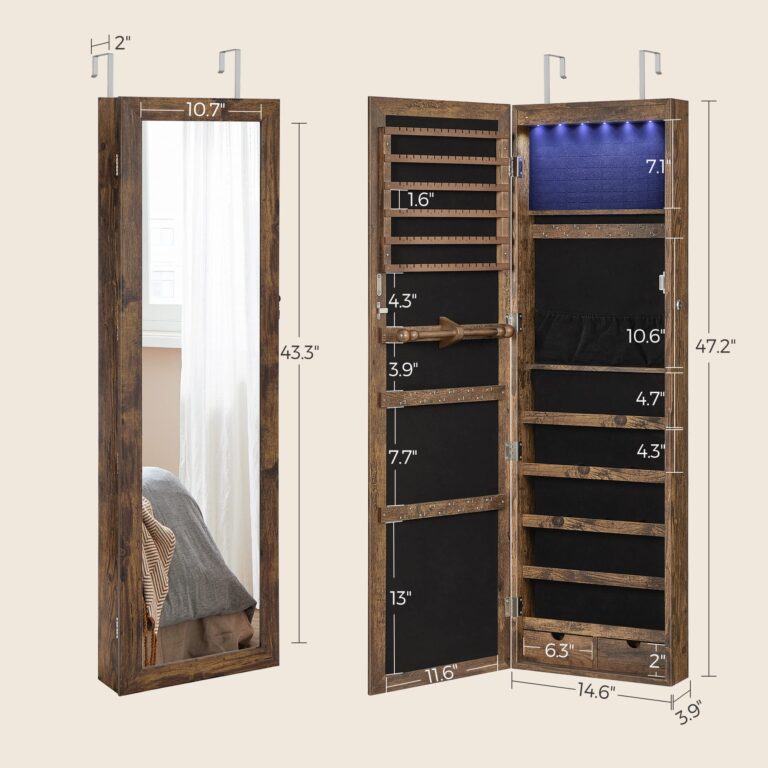 SONGMICS 6 LEDs Mirror Jewelry Cabinet, 47.2-Inch Tall Lockable Wall or Door Mounted Jewelry Armoire Organizer with Mirror, 2 Drawers, 3.9 x 14.6 x 47.2 Inches, Rustic Brown UJJC93CB - Image 5