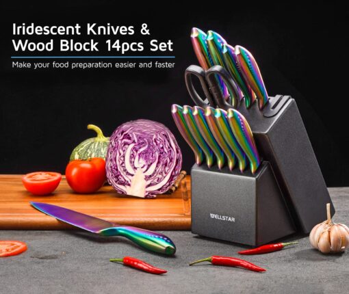 WELLSTAR Rainbow Knife Set 14 Pieces, Iridescent German Stainless Steel Kitchen Knives Set with Wooden Block, Colorful Titanium Coating, Chef’s Knife Block Set with Scissors and Built-in Sharpener - Image 9