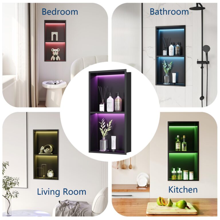 Neohomee 2-Tiers 12x24 Wall Niche with RGB LED Light Strips, Matte Black Shower Niche Cabinet, Stainless Steel Bathroom Shelf, NO Tile Needed Recessed Niche Storage Organizer - Image 4