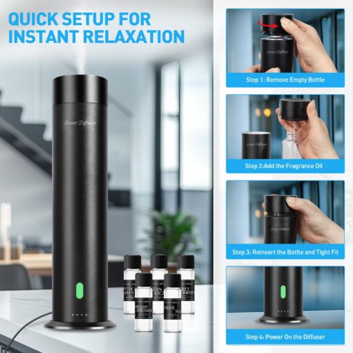 Waterless Scent Diffuser Starter Kit - 800 Sq Ft Coverage, Hotel Scent Diffuser, Essential Oil Diffuser Large Room, Included 5 Scent Oils, Remote Control, Black, 11.20In - Image 4