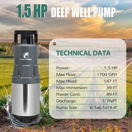 FLUENTPOWER Deep Well Submersible Pump, 1.5HP 115V, 1700GPH, 147' Head, Automatic On/Off Water Pump with 49ft Cord, Stainless Steel, for Garden Home Watering and Farmland Irrigation - Image 5