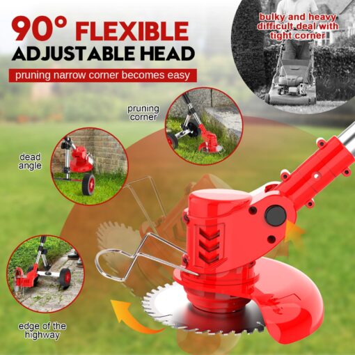 Electric Weed Wacker Cordless with Wheels, Weed Eater Battery Powered 2000mAh 21V, 3 in 1 Lightweight Grass Trimmer String Trimmer Brush Cutter Mower, Stringless Weed Trimmer Edger W/Blade 2 Battery - Image 7