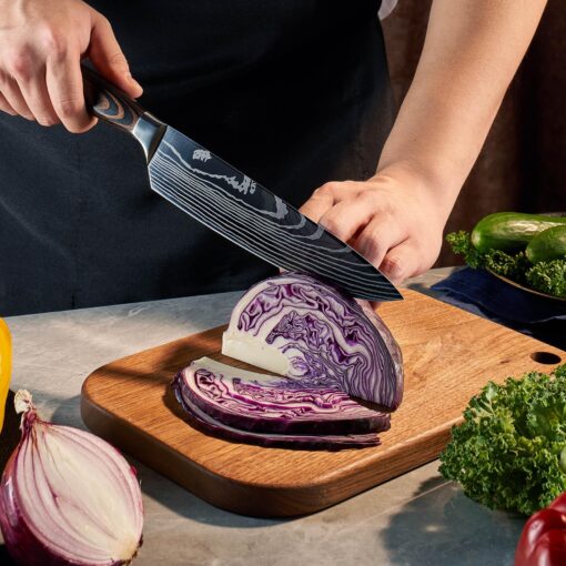 SENKEN 16-Piece Acacia Wood Knife Block Set with Laser Damascus Pattern - Includes Steak Knives, Kitchen Shears, Chef's Knife, Santoku, Cleaver & More - Image 6