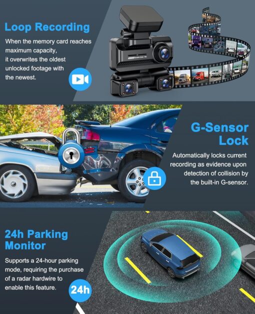 Dash Cam 4 Channel 360° Front Rear Inside DashCam, 4K Full HD Dashcam Car Camera, Built-in Wi-Fi GPS Dashcams, 3.18” IPS Screen, WDR Night Vision, 24H Parking Mode (Z7-4CH) - Image 6