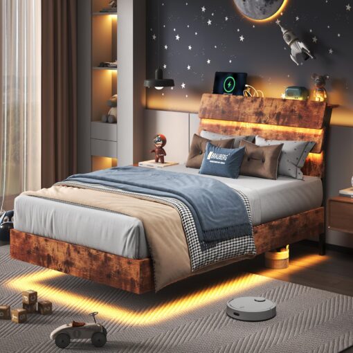 Feonase Twin Floating Bed Frame with Led Lights and Charging Station, Wood Twin Size Bed Frame with Storage Headboard, Heavy Duty Metal Slats, No Box Spring Needed, Easy Assembly, Vintage Brown - Image 2