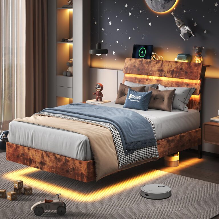 Feonase Twin Floating Bed Frame with Led Lights and Charging Station, Wood Twin Size Bed Frame with Storage Headboard, Heavy Duty Metal Slats, No Box Spring Needed, Easy Assembly, Vintage Brown - Image 2