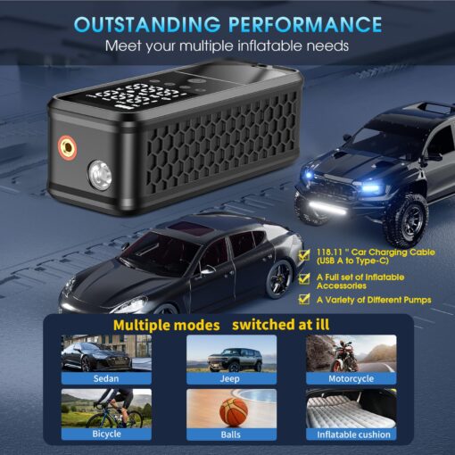 KZKB Tire Inflator Portable Air Compressor, 160 PSI Air Pump for Car Tires with Digital Pressure Gauge, Electric Bike Pump with LED Light Portable Tire Inflator for Car, Motorcycle, Bike, Ball - Image 3
