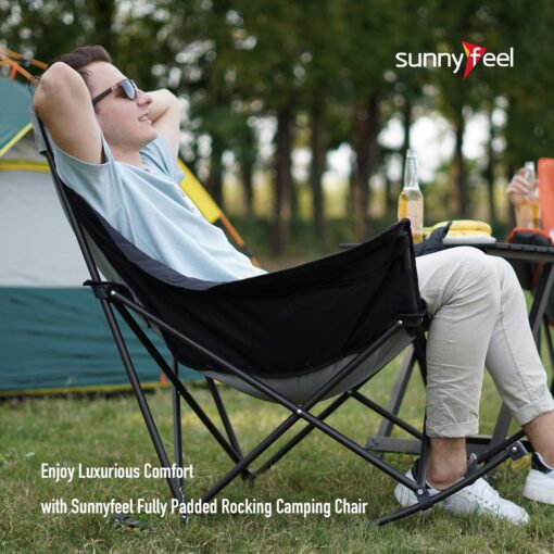 SUNNYFEEL Rocking Camping Chair, Luxury Padded Recliner, Oversized Folding Lawn Chair with Pocket, Heavy Duty for Outdoor/Picnic/Lounge/Patio, Portable Camp Rocker Chairs with Carry Bag - Image 5