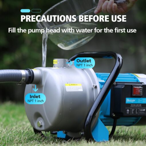 BOMGIE 1.5HP Water Transfer Pump,1200GPH Shallow Jet Well Pump,Extended 13FT Power Cord Portable Sprinkler Booster Pump,Irrigation Lawn Fountain Pool Draining Self Priming Transfer Pumps - Image 4