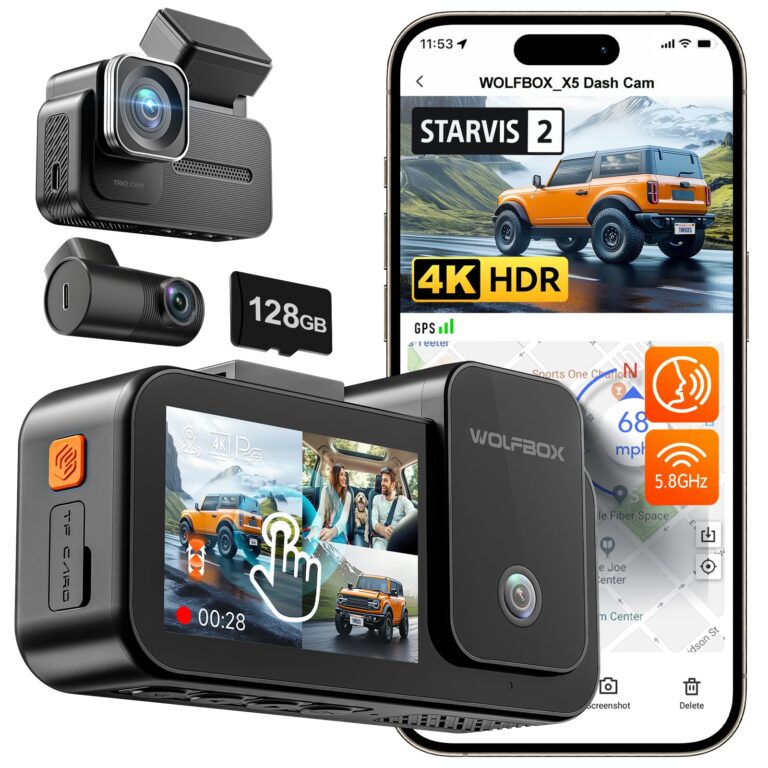 WOLFBOX X5 New 3 Channel 4K HDR Dash Cam, STARVIS 2 IMX678,4K+2.5K+1080P Front and Rear Inside Car Camera with 128GB Card, Voice Control, 5.8GHz WiFi GPS, Touch Screen, Digital Signal, Support 512GB