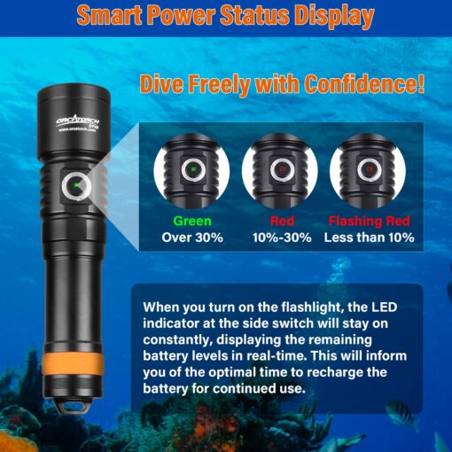 ORCATORCH D710 Scuba Diving Light, 3000 Lumens Super Bright Underwater Flashlight with 6 Degrees Narrow Beam, IP68 Waterproof Night Dive Torch 150 Meters Submersible Light (Black) - Image 6