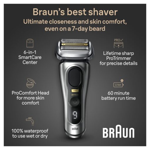 Braun Series 9 PRO+ Electric Razor for Men, 5 Pro Shaving Elements and Shave-Preparing ProComfort Head for Closeness & Skin Comfort, 6in1 SmartCare Center, Wet or Dry Use, Charging Stand, 9597cc - Image 6