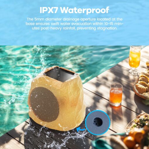 Outdoor Rock Speaker 60W Deep Bass Multi-Sync up to 100 Speakers Auto-Pairing, IPX7 Waterproof Solar-Powered with LED Lights Perfect for Pool, Garden, Patio, Ideal for Music Entertainers - 2 Pack - Image 4