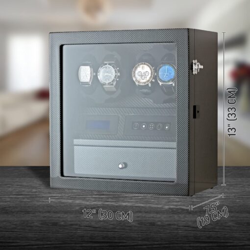 4 Watch Winder with 5 Watch Storage Space, LCD Display, Touch Control and Interior Light (Carbon + Black) - Image 2