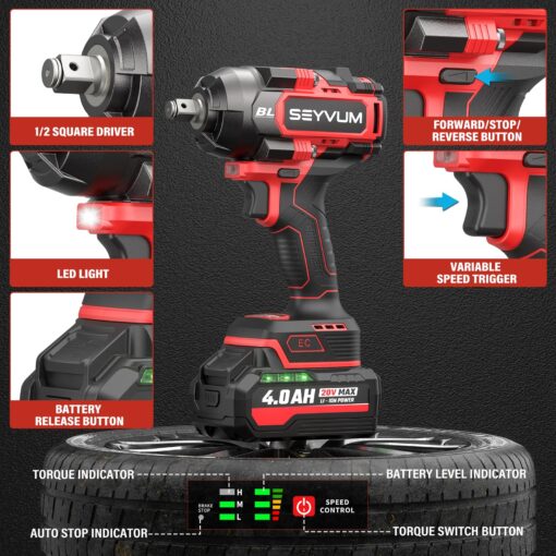 SEYVUM Cordless Impact Wrench, 1/2” Max Torque 900 Ft-lbs / 1200 N.m Powerful Impact Gun, 20V 3500RPM Electric Impact Driver, 2 x 4.0Ah Battery & Fast Charger, 6 Impact Sockets, Carrying Case Included - Image 2
