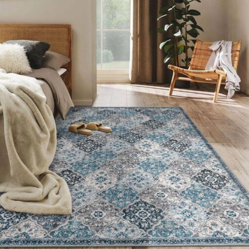 KILOCOCO 8x10 Runner Rug, Moroccan Washable Hallway Entryway Runner Rug, Accent Print Faux Wool Kitchen Runner Rug Non-Slip Runners Boho Rug Runners for Laundry Room Bedroom, Blue/Multi - Image 8