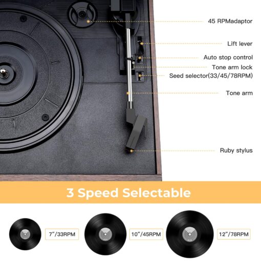 3-Speed Turntable 10 in 1Record Player with Bluetooth, AM/FM Radio, USB/SD/MMC, CD/Cassette Playback, Remote Control, and 2 External Speakers – Great for Gifting - Image 6
