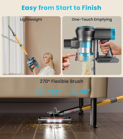 CHEBIO Cordless Vacuum Cleaner, 550W/45Kpa Vacuum Cleaners for Home with Self-Standing, MAX 60Mins Vacuum with LED Display, Anti-Tangled Stick Vacuum, Lightweight Vacuum Cleaner for Carpet/Pet Hair - Image 3
