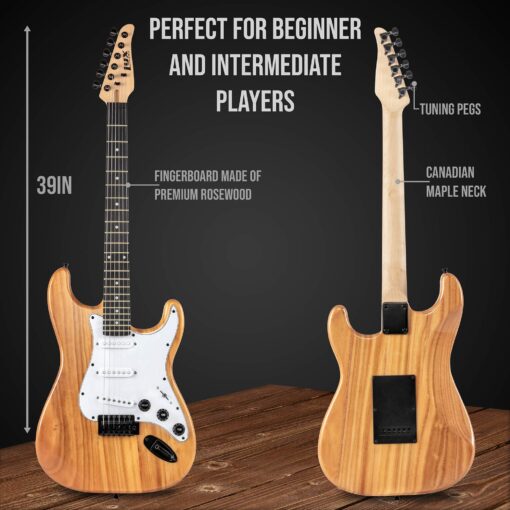 LyxPro Electric Guitar 39" inch Full Beginner Starter kit Full Size with 20w Amp, Package Includes All Accessories, Digital Tuner, Strings, Picks, Tremolo Bar, Shoulder Strap, and Case Bag - Natural - Image 6