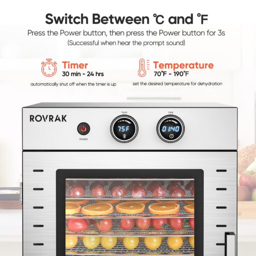 ROVRAk Food Dehydrator for Jerky, Fruit, Meat, Herbs, 12-Tray Stainless Steel Dehydrator Machine, Adjustable Timer, Temperature Control, Overheat Protection (67 Recipes) - Image 6